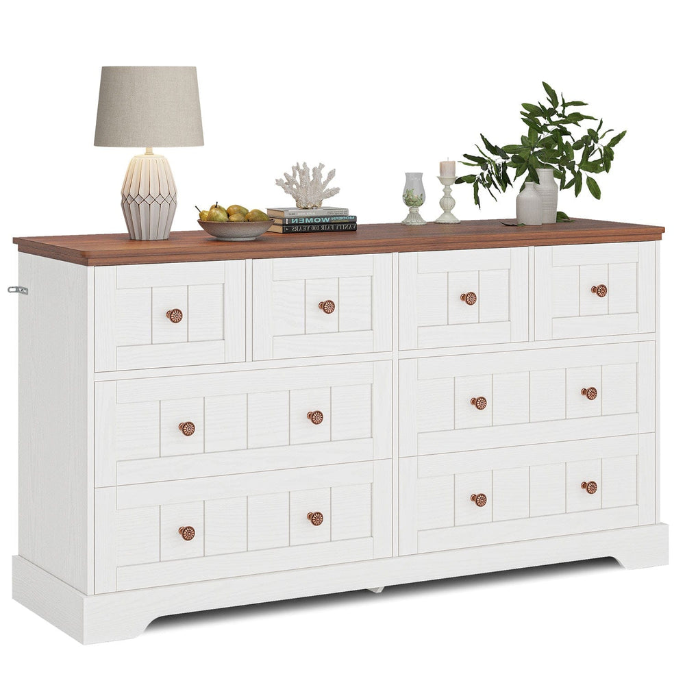 Sikaic Dresser 55.1 Inches Wide Dresser with 8 Drawers and Hand Carved Panel White White / Modern / Farmhouse