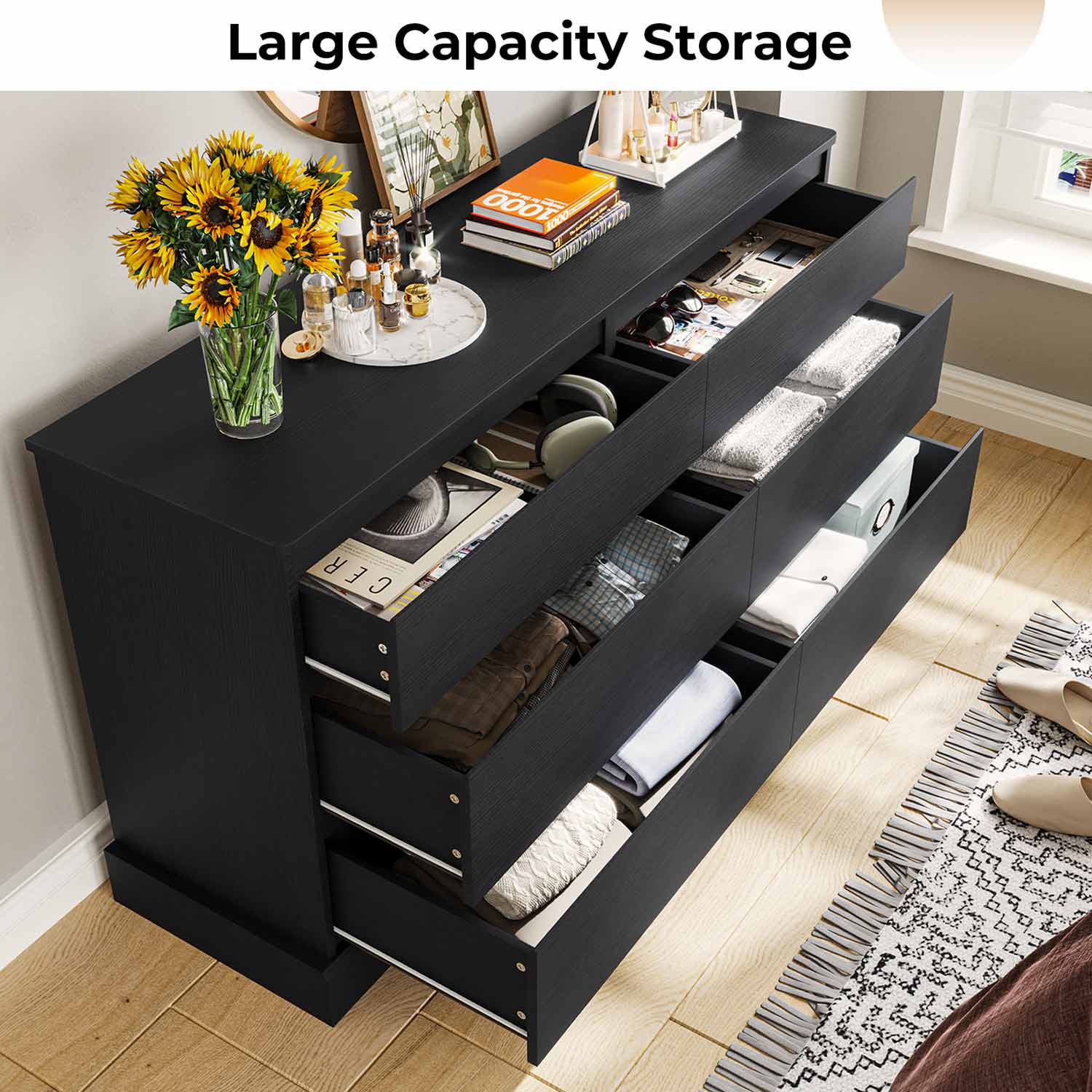51.5 Inches Width 6 Drawers Dresser Large Capacity Clothing Storage Cabinet Black