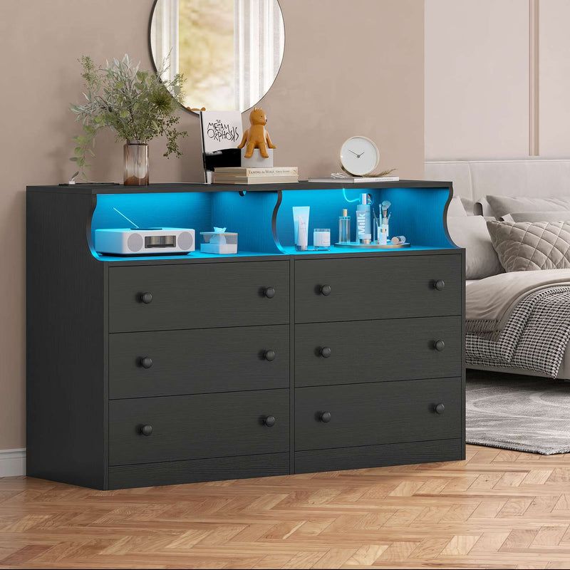6 Drawers LED Dresser with Outlets Open Space Black