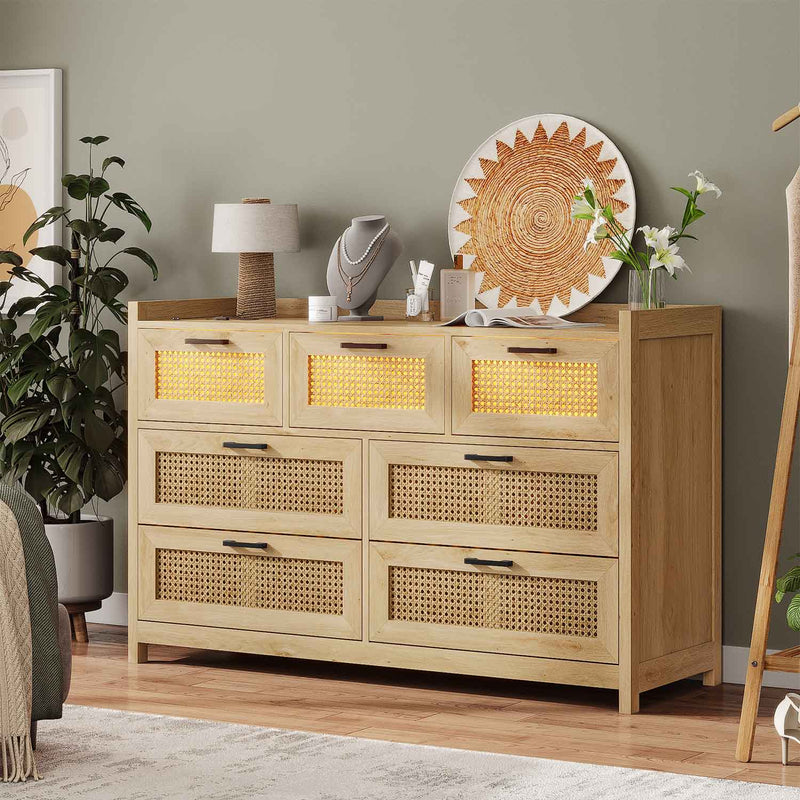 Sikaic Dressers 7 Drawer Dressers for Bedroom with Led Light Natural Rattan