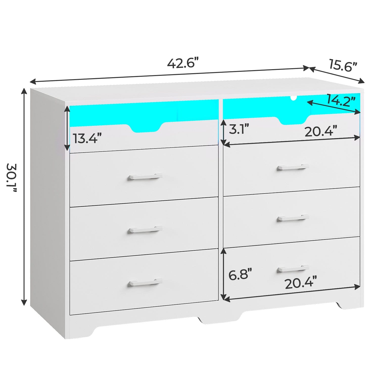 6 Drawers LED Dresser with 2 Pull-Out Tray Storage Organizer White