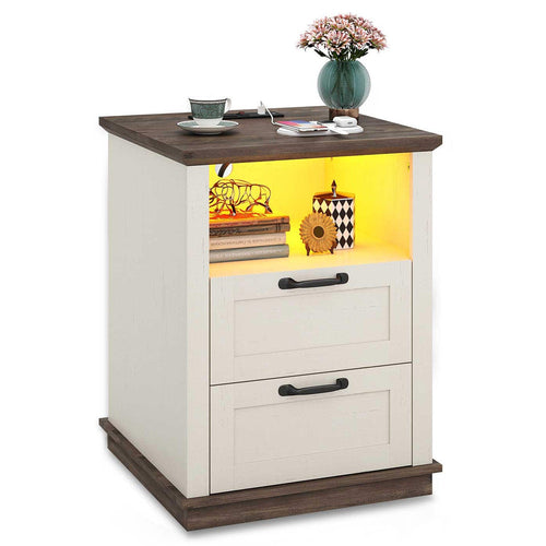 Sikaic End Table Farmhouse End Table with LED Lights Drawers White White / Engineered Wood / Modern
