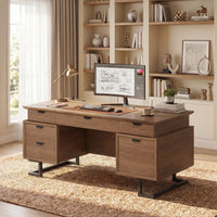 Sikaic Executive Desk Charging Station Large Home Office Desks & U-Shaped Legs Brown Brown / Engineered Wood / Modern