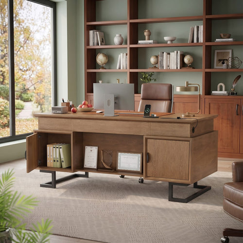 Sikaic Executive Desk Charging Station Large Home Office Desks & U-Shaped Legs Brown Brown / Engineered Wood / Modern