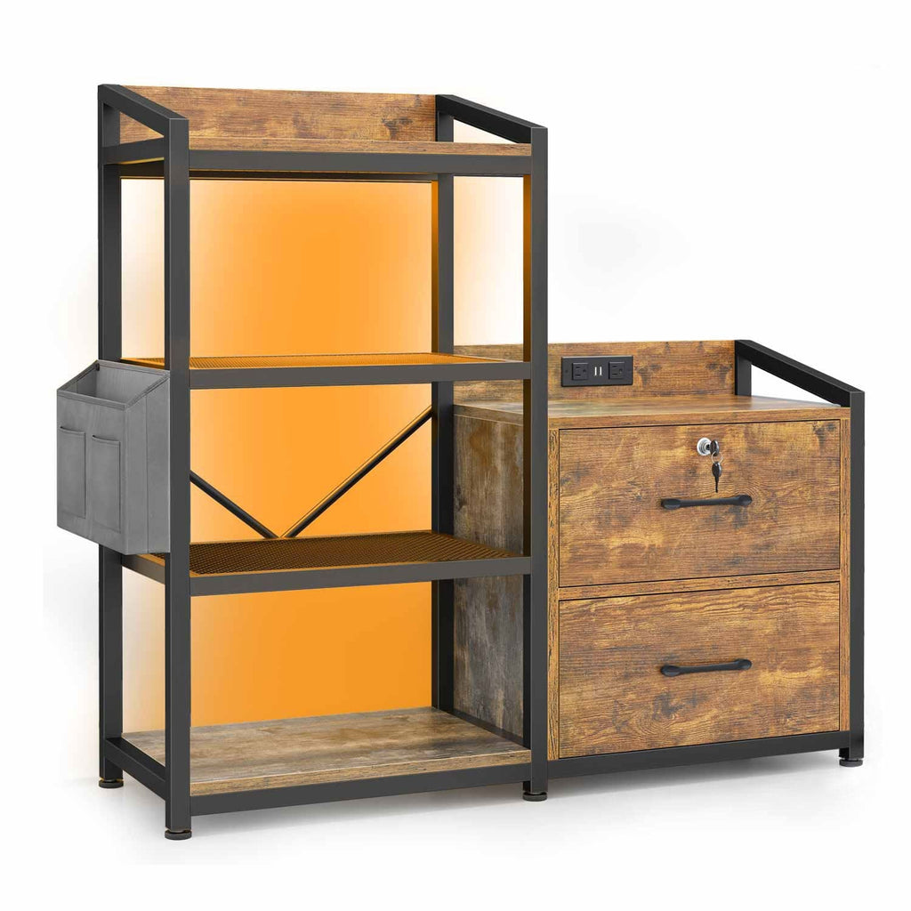 Sikaic 35.4 in LED File Cabinet with Power Strip Brown