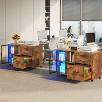 Sikaic File Cabinet 39.4 Inches Wide Mobile File Cabinet with LED Lights and 3 Drawers & Locking Wheels Brown Brown / Engineered Wood / Modern