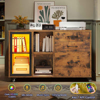 Sikaic File Cabinet 39.4 Inches Wide Mobile File Cabinet with LED Lights and 3 Drawers & Locking Wheels Brown Brown / Engineered Wood / Modern