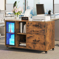Sikaic File Cabinet 39.4 Inches Wide Mobile File Cabinet with LED Lights and 3 Drawers & Locking Wheels Brown Brown / Engineered Wood / Modern