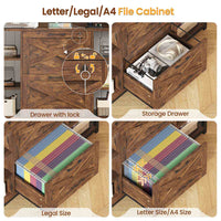 Sikaic File Cabinet Vertical File Cabinet with Lock and Charging Station & Printer Stand Open Storage Shelf for Home Office Rustic Brown Brown / Engineered Wood / Modern