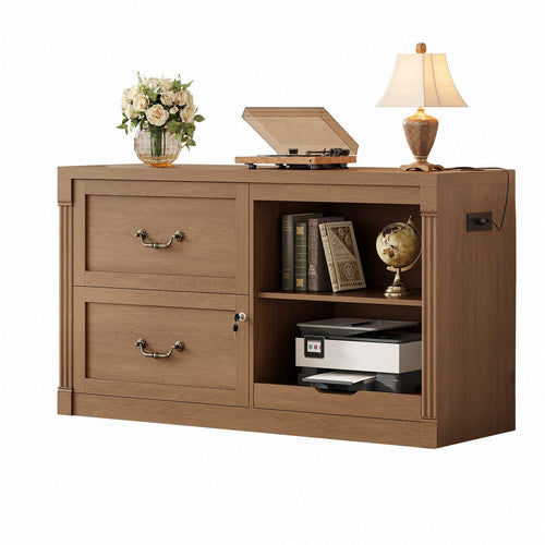 Sikaic File Cabinet 2 Drawer File Cabinet with Lock Printer Shelf and Charging Station Walnut Walnut / Engineered Wood / Farmhouse