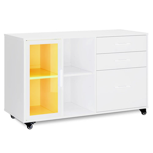 Sikaic File Cabinet 39.4 Inches Mobile File Cabinet with LED White White / Engineered Wood / Modern