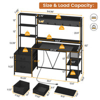 Sikaic Gaming Desk 65 Inches Reversible LED Light Gaming Desk with Hutch Power Outlets  Monitor Stand 2 Drawers 4 Shelves Pegboard 8 Hooks Mouse Pad Carbon Fiber Black