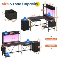 Sikaic Gaming Desk Led L Shaped Reversible Corner Gaming Desk with Power Outlet & Drawer File Cabinet Keyboard Tray Black