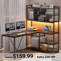 Sikaic Gaming Desk 58 Inches L Shape Corner LED Gaming Desk with Bookshelf Storage Shelves Black Black