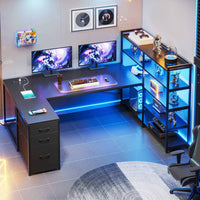 Sikaic Gaming Desk 64.5 inches Reversible L Shaped Desk with Storage Shelves  U Shaped Gaming Desk with 3 Drawers Power Outlet & LED Strip Black Black / Engineered Wood / ‎Industrial