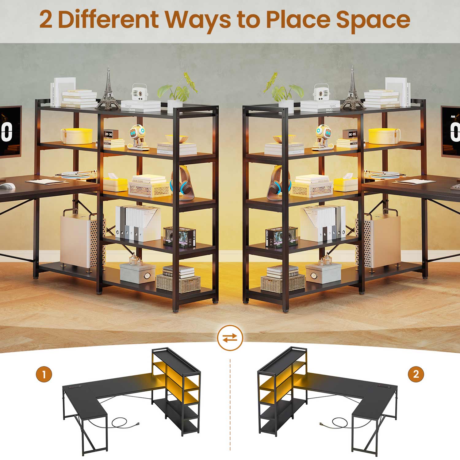Sikaic 64.5 inches Reversible L Shaped Gaming Desk with LED Light Bookshelf Storage Shelves & Power Outlet Black Sikaic 64.5 inches Reversible L Shaped Gaming Desk with LED Light Bookshelf Storage Shelves & Power Outlet Black