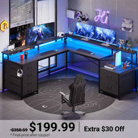 Sikaic Gaming Desk 108 Inches L Shaped  Led Lights Two Person Gaming Desk with 6 Drawers File Drawer & Power Outlet Monitor Shelf File Cabinet Black Black / Engineered Wood / Modern