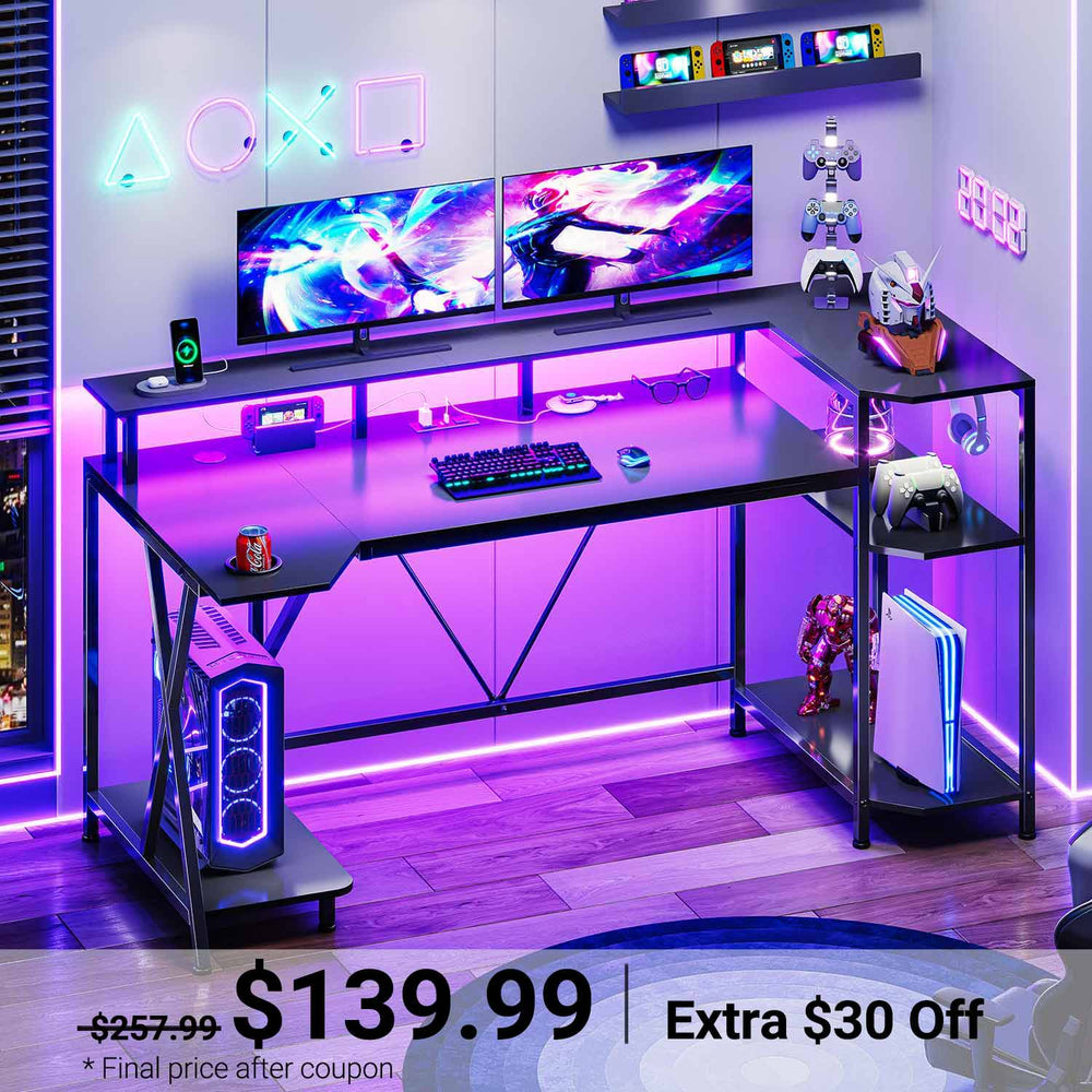 Sikaic Gaming Desk with LED Lights Storage Shelves Black