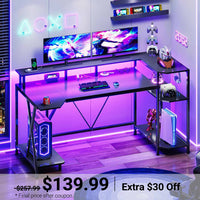 Sikaic Gaming Desk 55 Inches Large PC Gaming Desk with LED Lights and Storage Shelves  Monitor Stand Power Outlets Cup Holder Black Black / Engineered Wood / Modern