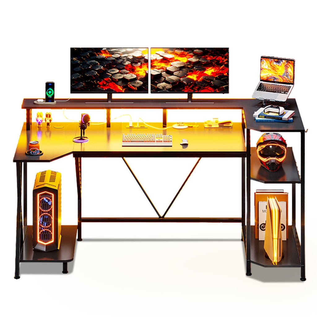 Gaming Desk with LED Lights Storage Shelves
