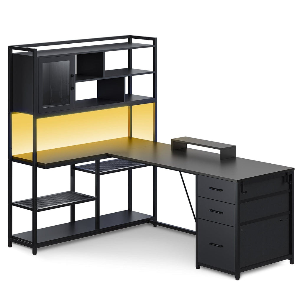 58" L Shaped Gaming Desk with Bookshelves Black | Sikaic