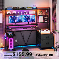 Sikaic Gaming Desk 65 Inches Reversible LED Light Gaming Desk with Hutch Power Outlets  Monitor Stand 2 Drawers 4 Shelves Pegboard 8 Hooks Mouse Pad Black Black / Engineered Wood / Modern