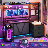 Sikaic Gaming Desk 65 Inches Reversible LED Light Gaming Desk with Hutch Power Outlets  Monitor Stand 2 Drawers 4 Shelves Pegboard 8 Hooks Mouse Pad Black