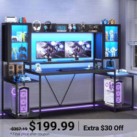 Sikaic Gaming Desk 74.8 Inches Large PC Ergonomic Gaming Desk with LED Lights Hutch and Storage Shelves Monitor Stand Black Black / Engineered Wood / Modern