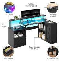 Sikaic Gaming Desk L Shaped LED Gaming Desk with Power Outlets & Monitor Stand and Drawer Cabinet Black Black / Engineered Wood / Modern