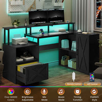 Sikaic Gaming Desk L Shaped LED Gaming Desk with Power Outlets & Monitor Stand and Drawer Cabinet Black Black / Engineered Wood / Modern