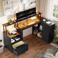 Sikaic Gaming Desk L Shaped LED Gaming Desk with Power Outlets & Monitor Stand and Drawer Cabinet Black Black / Engineered Wood / Modern