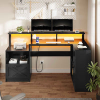 Sikaic Gaming Desk L Shaped LED Gaming Desk with Power Outlets & Monitor Stand and Drawer Cabinet Black Black / Engineered Wood / Modern