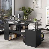 Sikaic Gaming Desk L Shaped LED Gaming Desk with Power Outlets & Monitor Stand and Drawer Cabinet Black Black / Engineered Wood / Modern