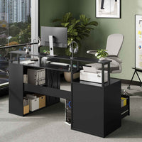 Sikaic Gaming Desk L Shaped LED Gaming Desk with Power Outlets & Monitor Stand and Drawer Cabinet Black Black / Engineered Wood / Modern