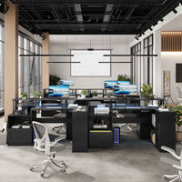 Sikaic Gaming Desk L Shaped LED Gaming Desk with Power Outlets & Monitor Stand and Drawer Cabinet Black Black / Engineered Wood / Modern