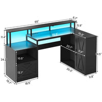 Sikaic Gaming Desk L Shaped LED Gaming Desk with Power Outlets & Monitor Stand and Drawer Cabinet Black Black / Engineered Wood / Modern