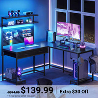 Sikaic Gaming Desk L Shaped Reversible LED Gaming Desk with Hutch Pegboard and Storage Shelves Drawers & Monitor Stand Black Black / Engineered Wood / Modern