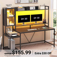 Sikaic Gaming Desk Led Gaming Desk with Power Outlets and Glass Display Cabinet Monitor Stand Hooks CPU Stand Black Black / Engineered Wood / Modern