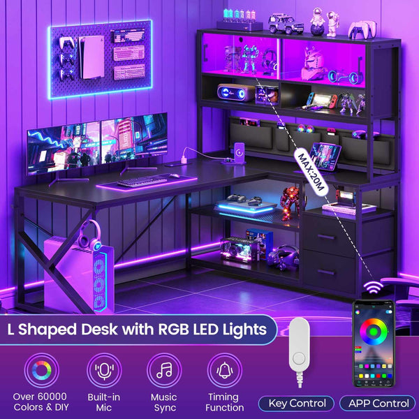 LED L Shaped Computer Desk with Bookshelf and 2 Drawer Black | Sikaic