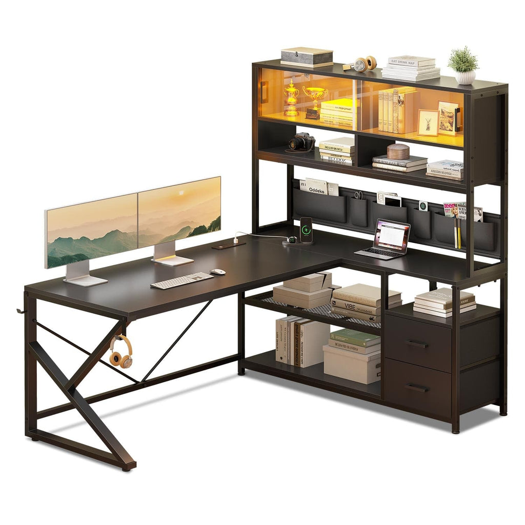 LED L Shaped Computer Desk with Bookshelf and 2 Drawer