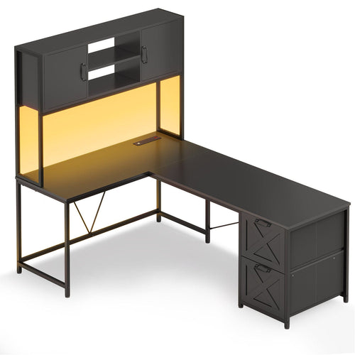 Sikaic Gaming Desk LED L Shaped Gaming Desk Black Black / Engineered Wood / Modern