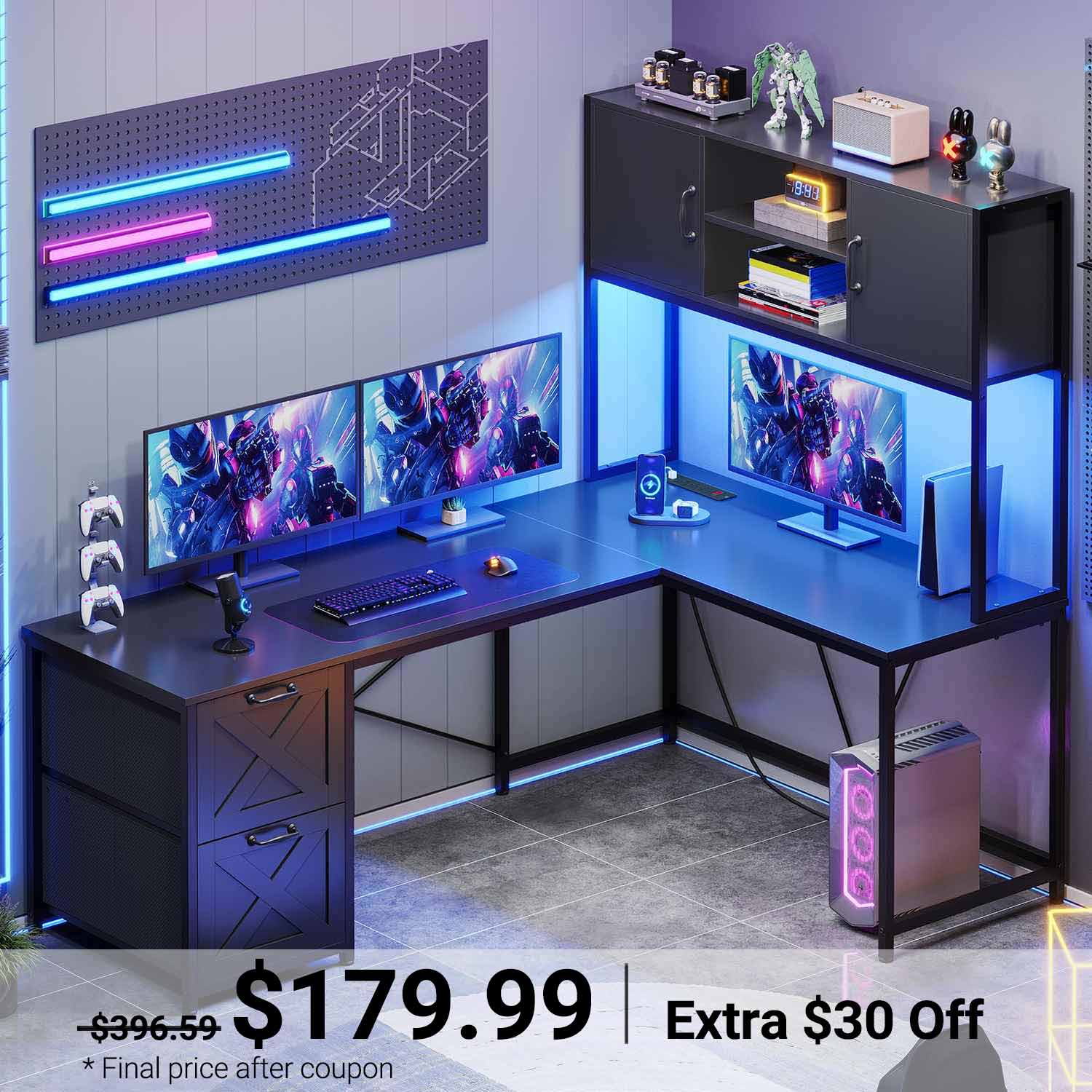 Sikaic LED L Shaped Gaming Desk with Outlets Hutch Black