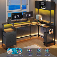 Sikaic Gaming Desk Reversible L-Shaped Led Gaming Desk With Power Outlets and Monitor Stand & 2 Drawers Black Black / Engineered Wood / Modern