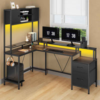 Sikaic Gaming Desk Reversible L-Shaped Led Gaming Desk With Power Outlets and Monitor Stand & 2 Drawers Black Black / Engineered Wood / Modern