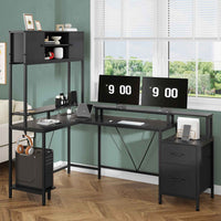 Sikaic Gaming Desk Reversible L-Shaped Led Gaming Desk With Power Outlets and Monitor Stand & 2 Drawers Black Black / Engineered Wood / Modern