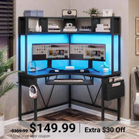 Sikaic Gaming Desk Triangle Corner Small LED Computer Desk with Hutch Keyboard Tray Storage Bag and Headphone Hook Black Black / Engineered Wood / Modern