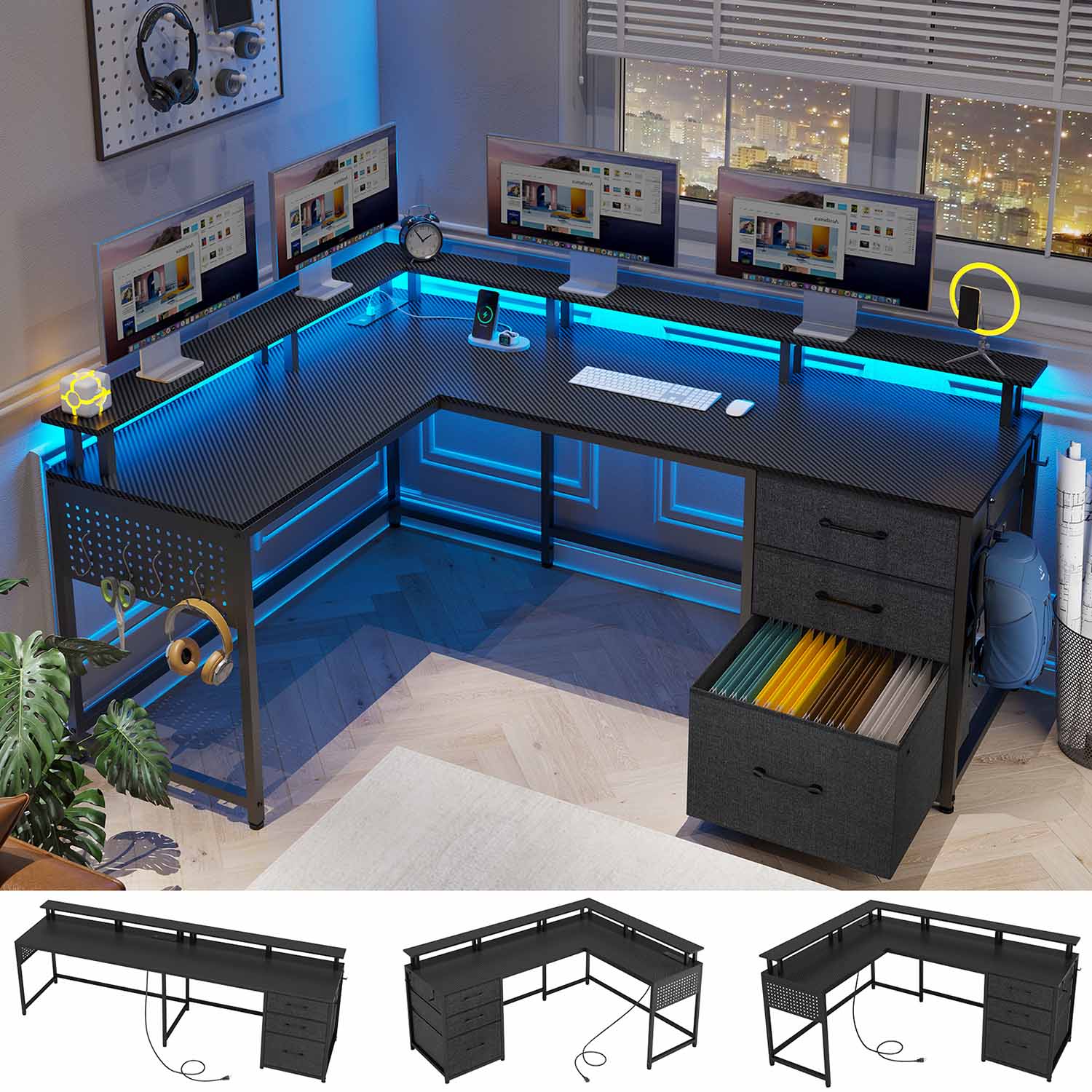 L Shaped Gaming Desk with LED Lights
