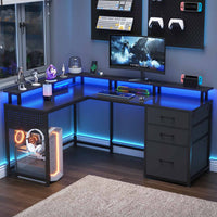 Sikaic Gaming Desk PRE-SALE 63.8 Inches L Shaped Reversible Corner Carbon Fiber Gaming Desk with Power Outlet and Pegboard LED Light Drawers Black