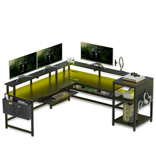Sikaic Gaming Desk L Shaped Reversible LED Gaming Desk with Power Outlets Black Black / Industrial