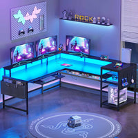 Sikaic Gaming Desk L Shaped Reversible LED Gaming Desk with Power Outlets Strip Monitor Shelf Keyboard Tray Pegboard and Storage Shelves Black